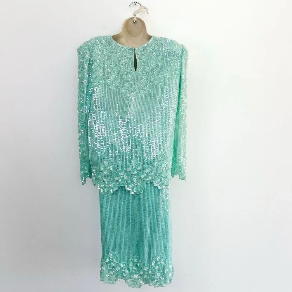 Laurence Kazar Women’s Silk Misty Light Turquoise Heavily Embroidered Beaded and - Picture 2 of 15